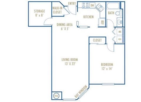 Floor plan for 1 bed, 1 bath, 921 sqft